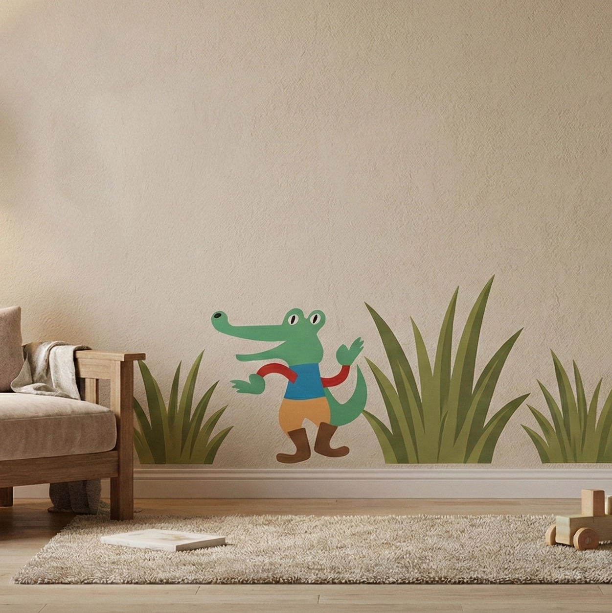 Kinderzimmerwand mit Cartoon-Krokodil-Aufkleber, das ein blaues Hemd, rote Ärmel, orangefarbene Hosen und braune Stiefel trägt, zwischen grünen Grasaufklebern.